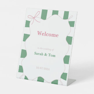 Pink Bow Frame Striped Wedding Pedestal Sign