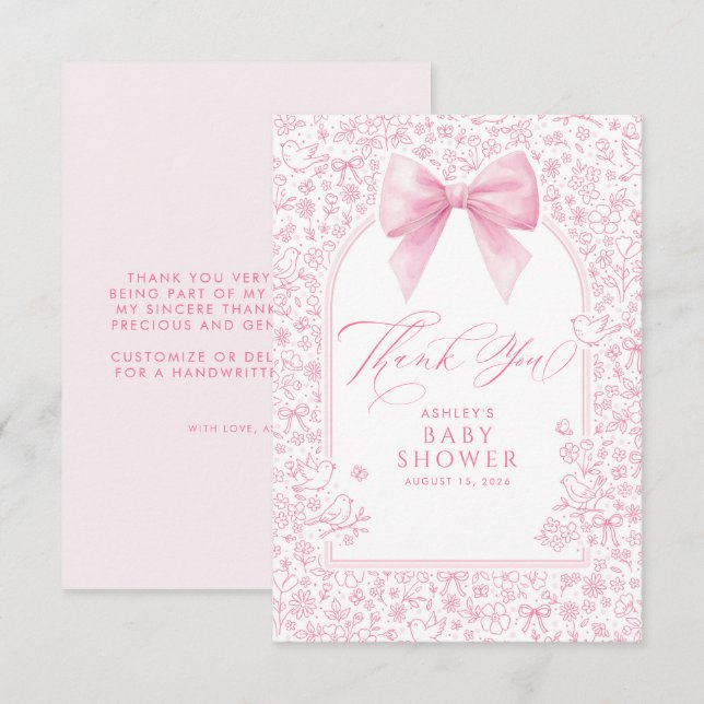 Pink Bow French Floral Chinoiserie Baby Shower Thank You Card (Front/Back)