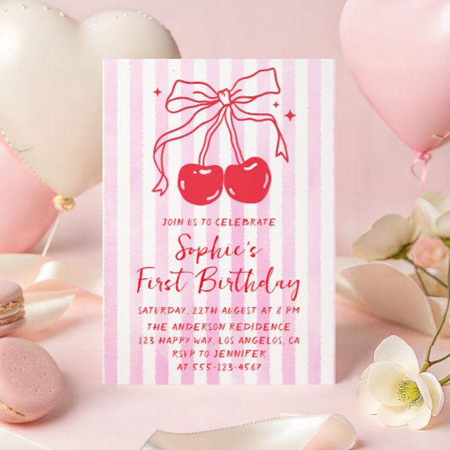 Pink Bow Fruit Sweet Cherry First Birthday Invitation (Creator Uploaded)
