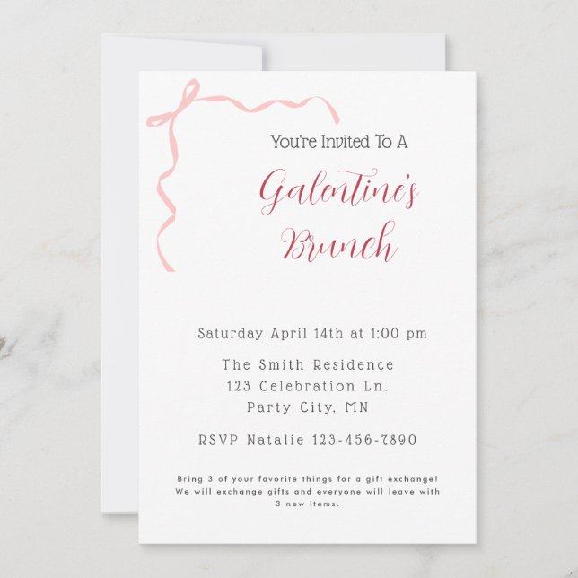 Pink Bow Galentine's Brunch Invitation (Front)