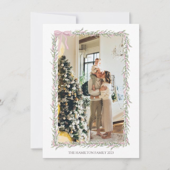 Pink Bow Garland with Message Christmas Photo  Holiday Card (Front)