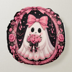 Pink Bow Ghost Ballerina Coquette Halloween Round Cushion