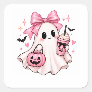 Pink Bow Ghost Coquette Halloween Square Sticker