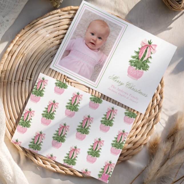 Pink Bow Ginger Jar Christmas Tree Photo Holiday Card (Creator Uploaded)