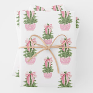Pink Bow Ginger Jar Christmas Tree Wrapping Paper Sheet