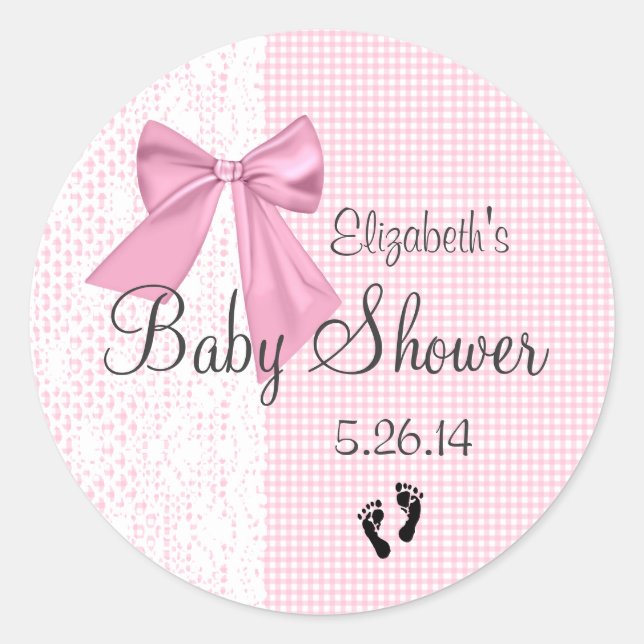 Pink Bow Gingham and Lace Baby Shower Favour Classic Round Sticker (Front)