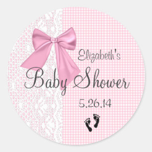 Pink Bow Gingham and Lace Baby Shower Favour Classic Round Sticker