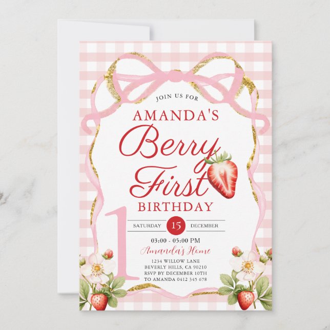 Pink Bow Gingham Berry First Strawberry Birthday Invitation (Front)