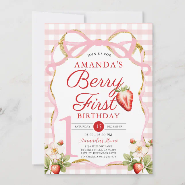 Pink Bow Gingham Berry First Strawberry Birthday Invitation | Zazzle