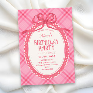 Pink bow gingham birthday invitation