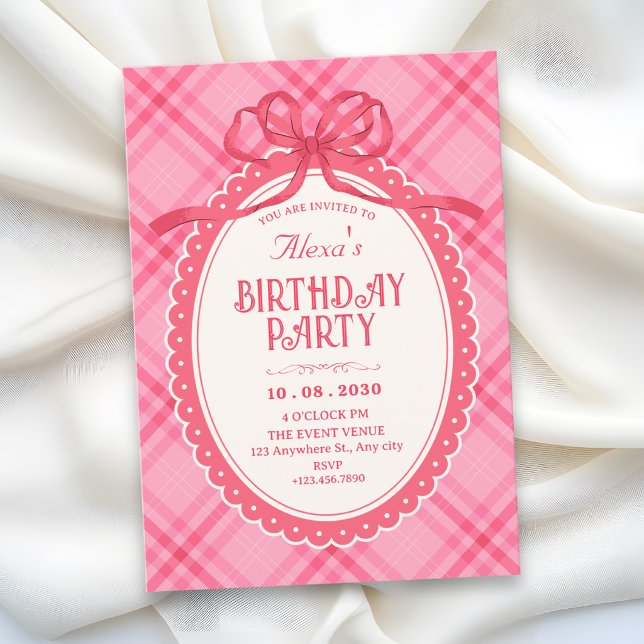 Pink bow gingham birthday invitation (Creator Uploaded)