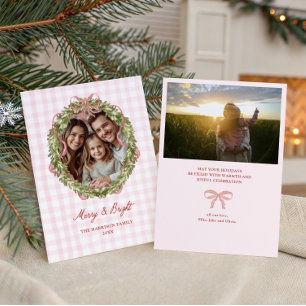 Pink Bow Gingham Christmas Wreath Photo  Holiday Card