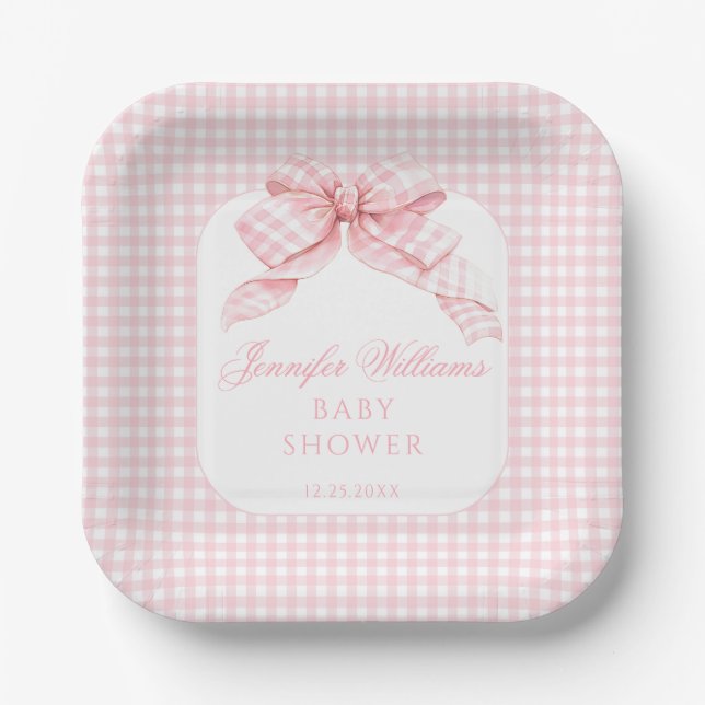 Pink Bow Gingham Coquette Baby Girl Shower Paper Plate (Front)