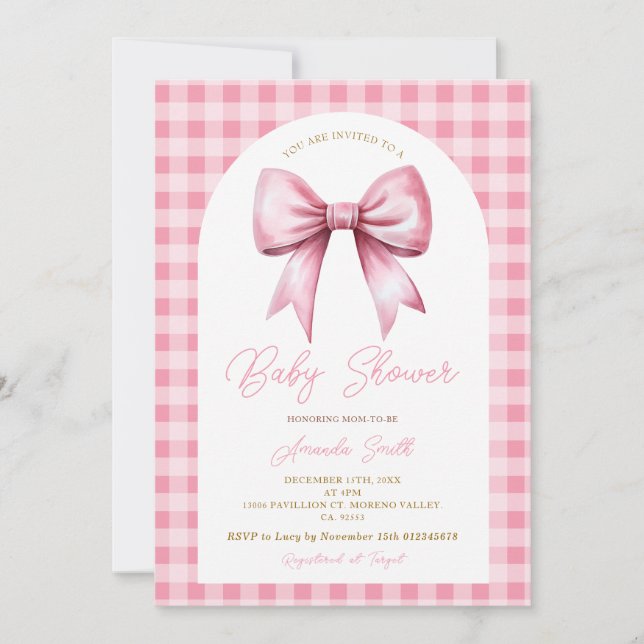 Pink Bow Gingham Coquette Girl Arch Baby Shower Invitation (Front)