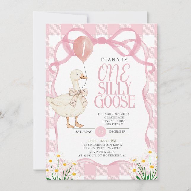 PINK BOW Gingham Daisy One Silly Goose Birthday  Invitation (Front)