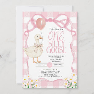 PINK BOW Gingham Daisy One Silly Goose Birthday  Invitation