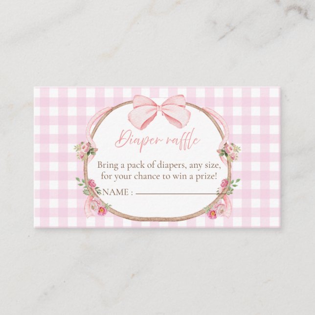 Pink Bow Gingham Diaper Raffle, Bunny Baby Shower  Enclosure Card (Front)