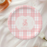 Pink Bow Gingham French Teddy Bear Baby Shower Paper Plate<br><div class="desc">The Pink Bow Gingham French Teddy Bear Baby Shower Paper Plates are an adorable and elegant addition to your baby shower tableware, perfectly blending practicality with style. Featuring a charming French-inspired teddy bear adorned with a pink bow and set against a classic gingham pattern, these plates create a delightful and...</div>