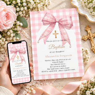 Pink bow gingham girl gold cross Baptism Invitation