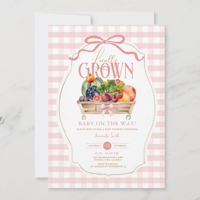  Pink Bow Gingham Locally Grown Baby Shower Invitation (Front)