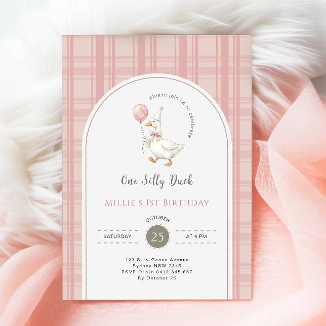 Pink Bow Gingham One Silly Duck 1st Birthday Party Invitation (Creator Uploaded)