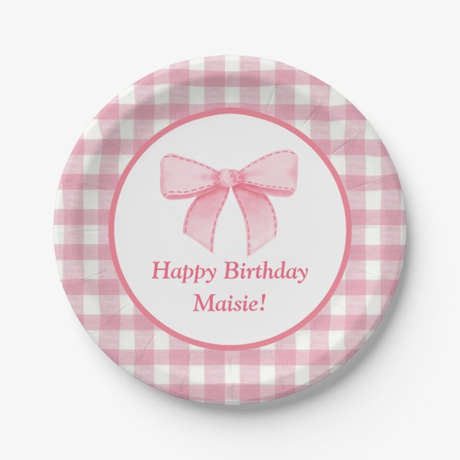 Pink Bow Gingham Paper Plate  (Front)