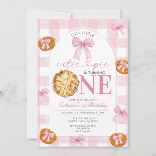Pink Bow Gingham Pie First Birthday Invitation