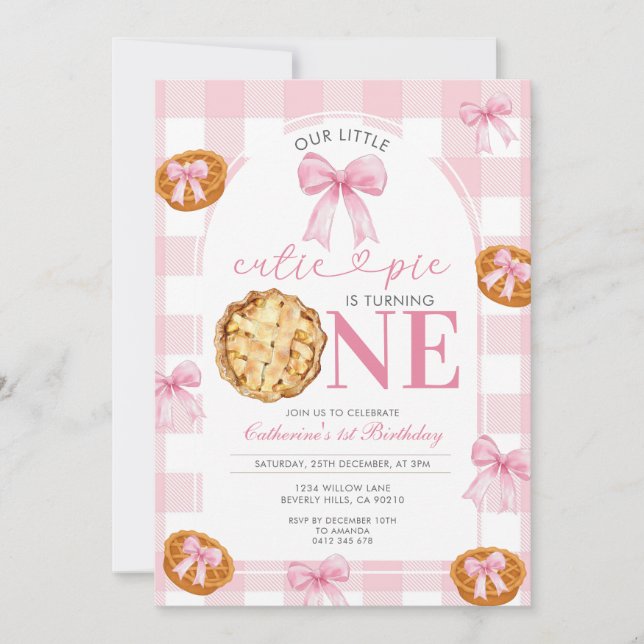 Pink Bow Gingham Pie First Birthday Invitation (Front)