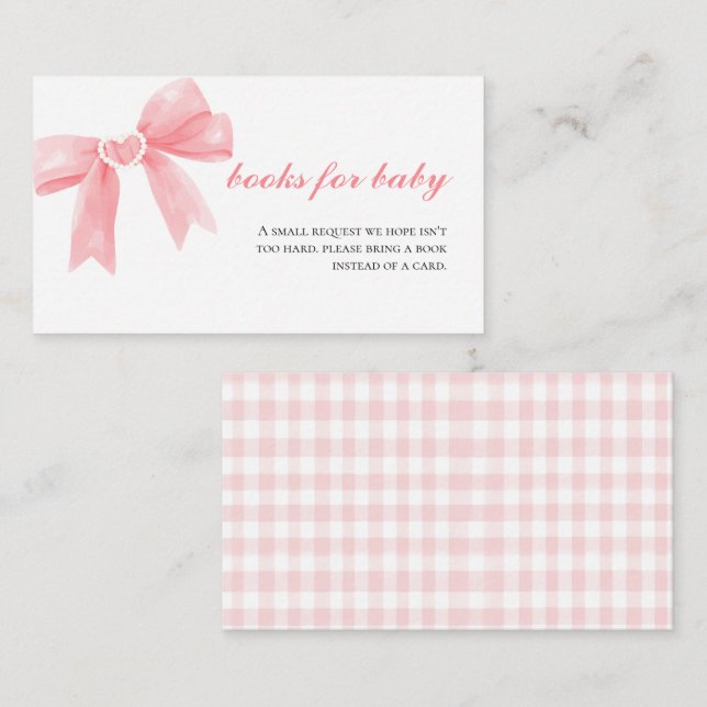 Pink bow gingham preppy baby shower books for baby enclosure card (Front/Back)