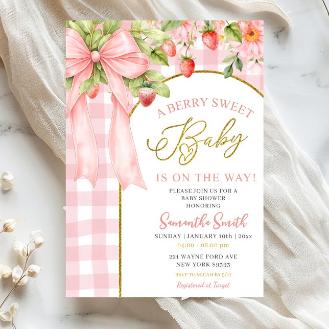 Pink Bow Gingham Strawberry Baby Shower Invitation (Creator Uploaded)