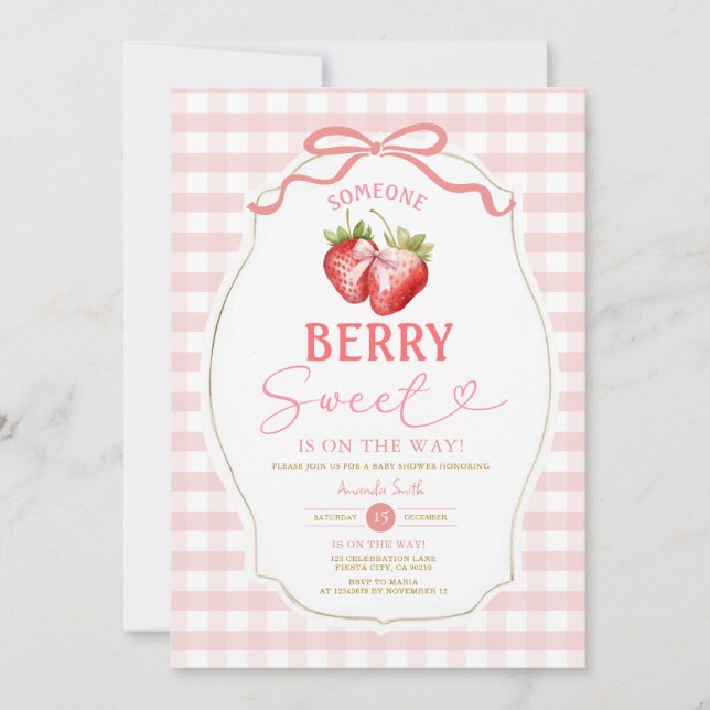  Pink Bow Gingham Strawberry Baby Shower Invitation (Front)