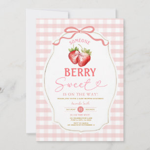  Pink Bow Gingham Strawberry Baby Shower Invitation