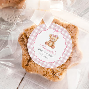Pink Bow Gingham Teddy Bear Baby Shower Classic Round Sticker