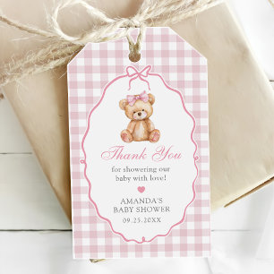 Pink Bow Gingham Teddy Bear Baby Shower Gift Tags