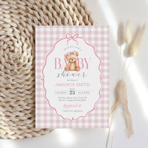 Pink Bow Gingham Teddy Bear Baby Shower Invitation