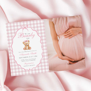 Pink Bow Gingham Teddy Bear Baby Shower Photo Invitation