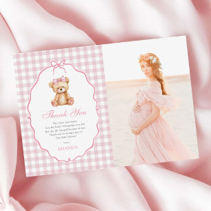Pink Bow Gingham Teddy Bear Baby Shower Photo Thank You Card