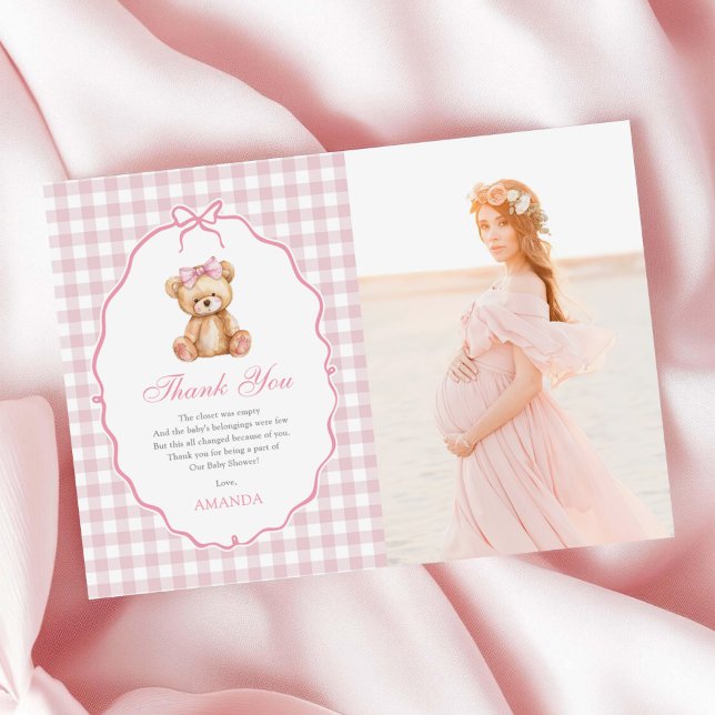Pink Bow Gingham Teddy Bear Baby Shower Photo Thank You Card (Creator Uploaded)