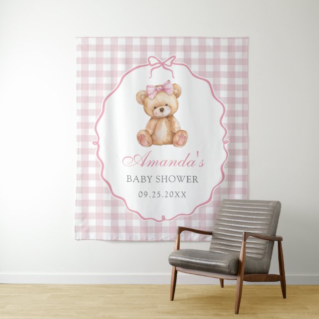 Pink Bow Gingham Teddy Bear Baby Shower Tapestry (In Situ)
