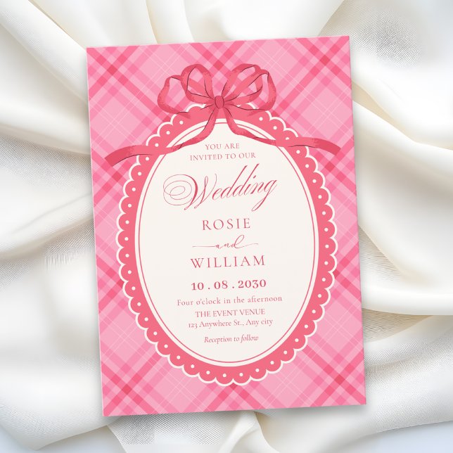 Pink bow gingham wedding invitation (Creator Uploaded)