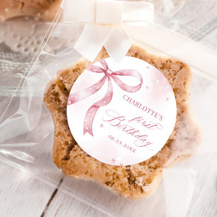 Pink Bow Girl 1st Birthday Party Classic Round Sticker