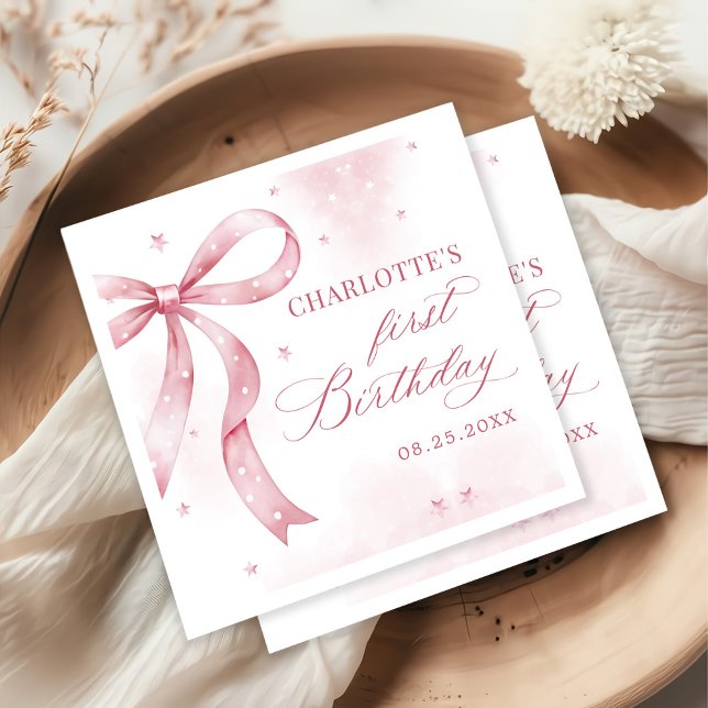 Pink Bow Girl 1st Birthday Party Napkin (Creator Uploaded)