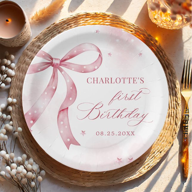 Pink Bow Girl 1st Birthday Party Paper Plate (Creator Uploaded)