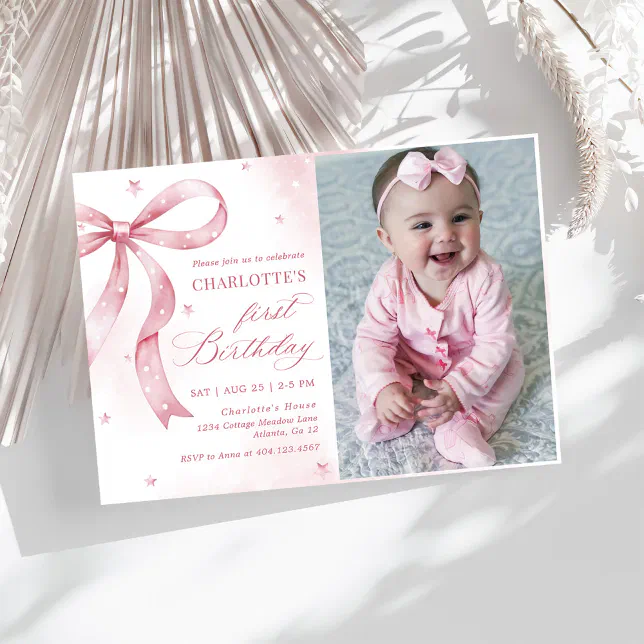Pink Bow Girl 1st Birthday Party Photo Invitation | Zazzle
