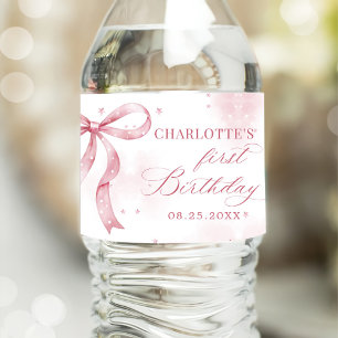 Pink Bow Girl 1st Birthday Party Water Bottle Label
