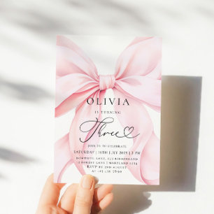 Pink Bow Girl 3rd Birthday  Invitation