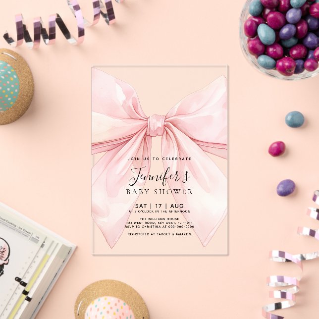 Pink Bow Girl Baby Shower  Acrylic Invitations (Insitu (Celebration))