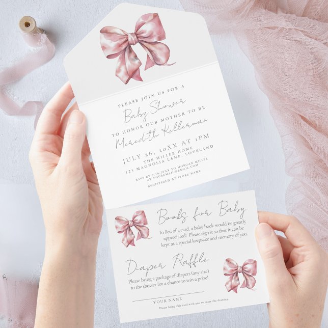 Pink Bow Girl Baby Shower All In One Invitation (Pink Bow Watercolor Girly Baby Shower All in One Invitation)