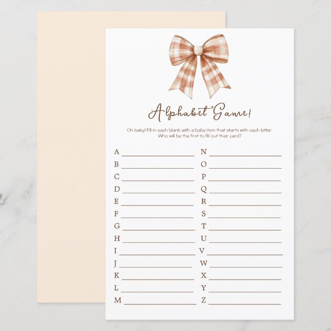 Pink Bow Girl Baby Shower Alphabet (Front/Back)