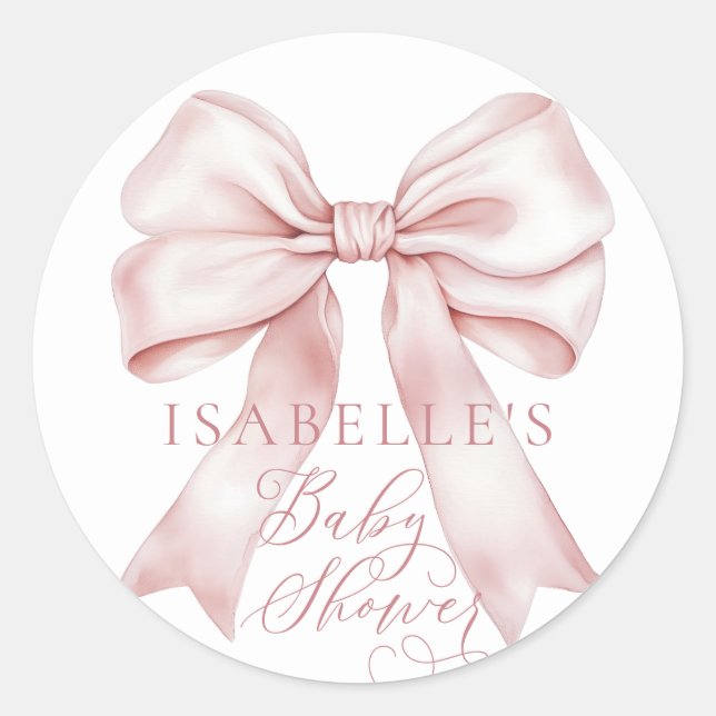 Pink Bow Girl Baby Shower Classic Round Sticker (Front)